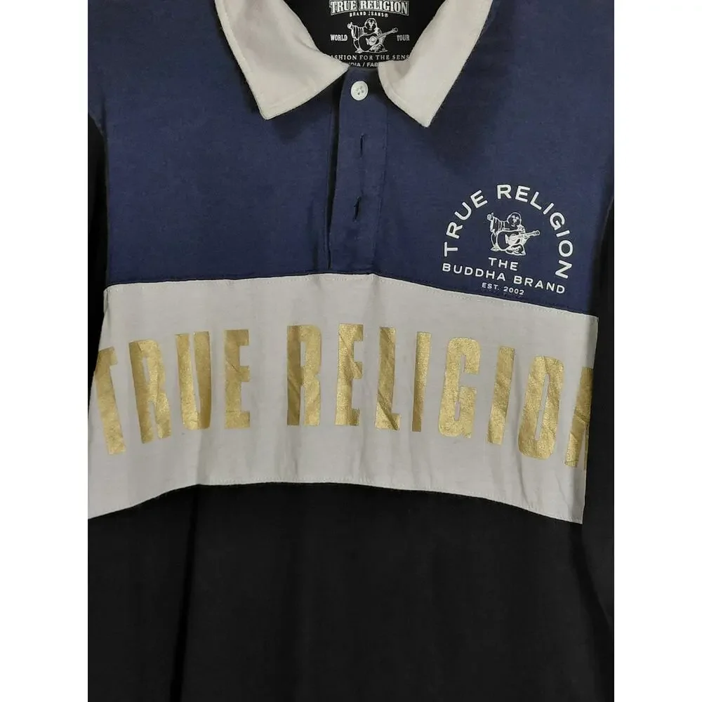 Vintage True Religion Brand Colorblock Long Sleeve Polo Shirt Blue Size S/P